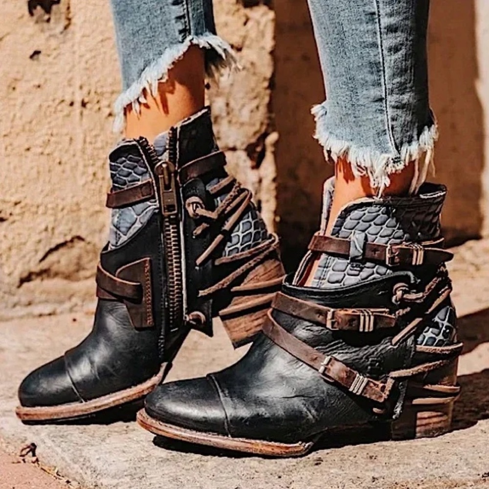 Freebird by Steven | Women’s Black/Brown/Blue Leather Strappy Crue Ankle Boots 7 - Picture 16 of 16
